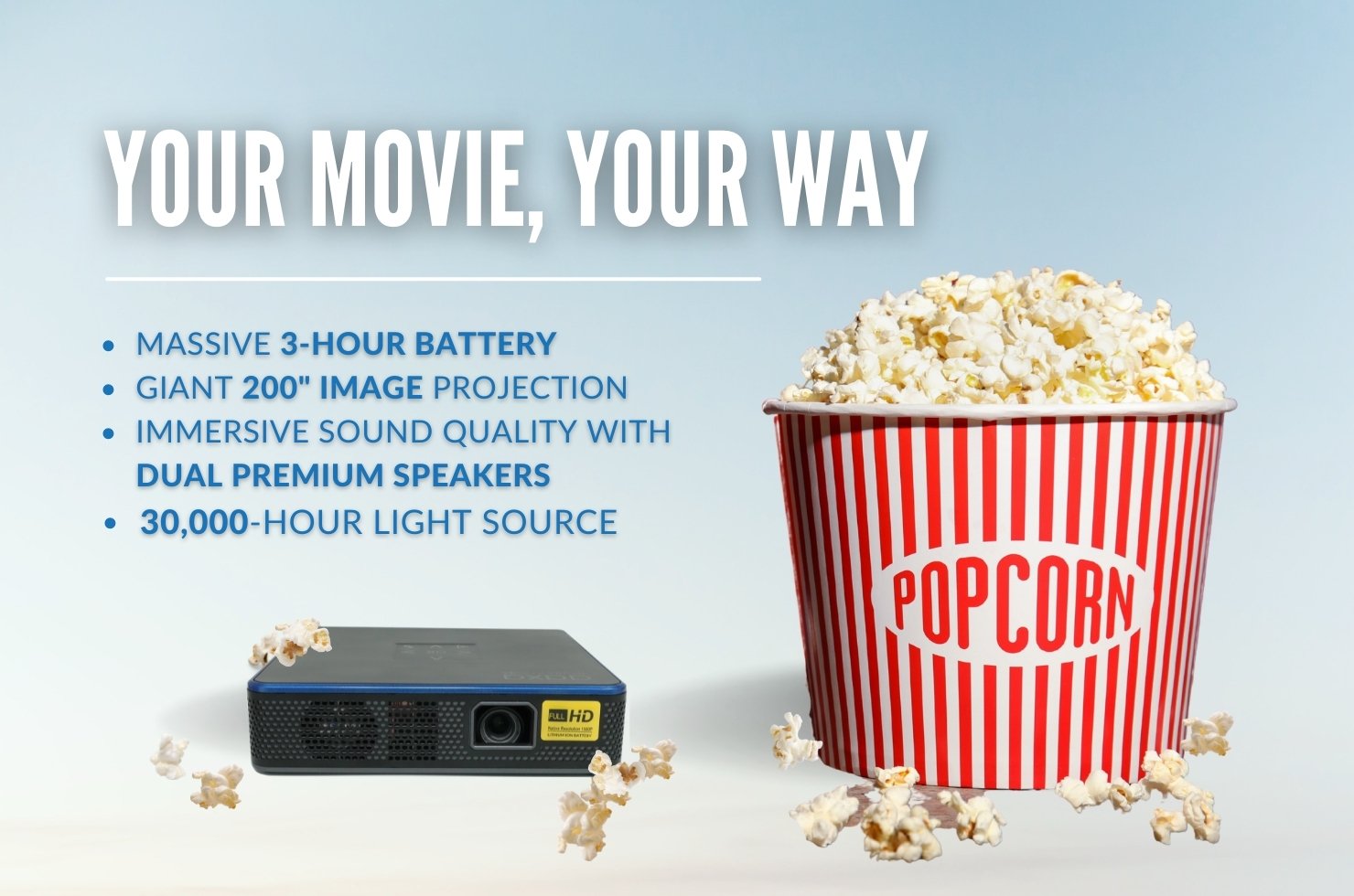 Your Movie, Your Way - M7 next to bucket of popcorn projecting a large screen.